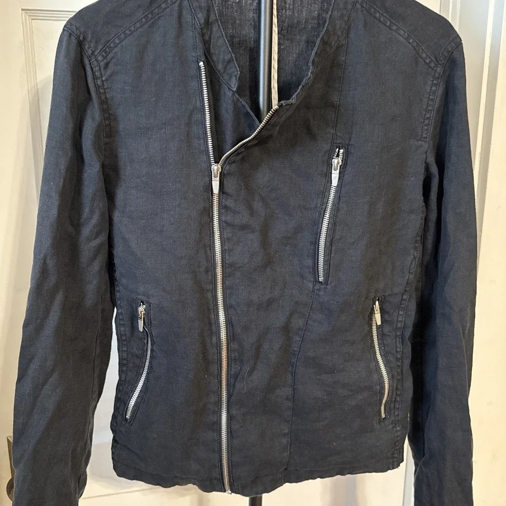 Zara Man Small Black Biker Jacket Zippers Full Zip Pockets 100% Linen